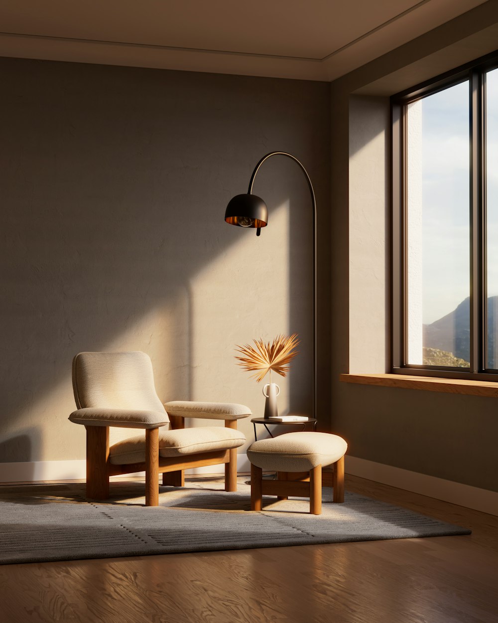 Minimal seating area with warm evening light